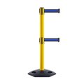 Montour Line Stanchion Dual Belt Barr. Rubber Base Yellow Post 7.5ftBk/Bl Belt MSR630D-YW-BBH-75